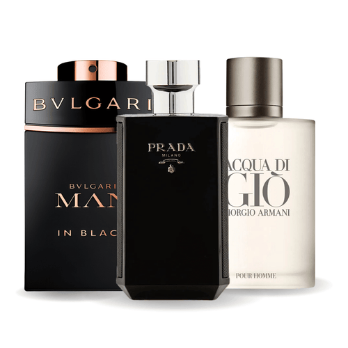 Conjunto de 3 perfumes Bvlgari In Black, Giorgio Armani Acqua Di Gio, L'Homme Prada Intense 100ml